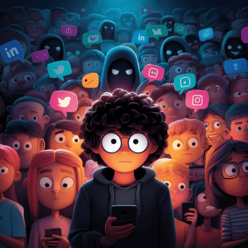 A small, red, hooded figure walks away from the viewer, surrounded by numerous hanging social media and communication app icons, appearing as if being entangled or controlled by their strings.