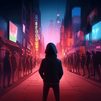 A lone, hooded figure stands with their back to the viewer, facing down a neon-lit futuristic city street filled with blurred crowds and vibrant advertisements.