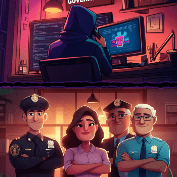 The image is divided horizontally: the top half shows a hooded figure from behind, actively working on multiple computer screens in a dark, neon-lit room, while the bottom half depicts a group of four smiling individuals, including a female professional and three men in various authority uniforms (police officer, uniformed official, civilian professional), standing with crossed arms.