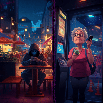 The image is split vertically: on the left, a hooded figure sits alone at a cafe table, engrossed in a phone amidst a lively outdoor setting, while on the right, an elderly woman looks perplexed and concerned while holding cash and a phone near an ATM at night.