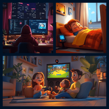 The image is a three-panel mosaic depicting various home activities: the top left shows a person working on multiple computer screens at night, the top right shows someone happily sleeping in a bright bedroom, and the bottom panel shows a family happily playing video games together in a living room.