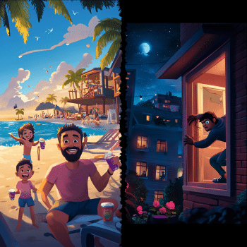 The image is split vertically: the left side depicts a cheerful family on a bright, sunny beach enjoying drinks, while the right side shows a shadowy figure sneaking through a window into a dark house at night.