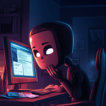A stylized robot with a face mask and glowing white eyes sits at a desk pretending to be human, in front of a computer screen displaying various digital interfaces, with credit cards visible in front of the keyboard.