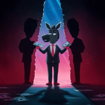 A humanoid mule character in a suit and red tie stands in a spotlight, holding cash in both hands, with two shadowy human figures looming in the background and scattered money on the floor, all against a dramatic red and blue backdrop.
