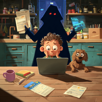 A startled boy stares wide-eyed at a laptop on a kitchen counter, with a large, ominous, shadowy figure with red eyes looming behind them, holding papers and a glowing screen, while a worried dog peeks from the right.