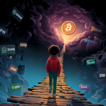 A young person with curly hair walks along a wooden bridge towards a glowing Bitcoin symbol in the distance, surrounded by floating text bubbles with words like "Invest," "Crypto," "Wallet," "Success," and monetary values, set against a mysterious, cloud-filled sky.