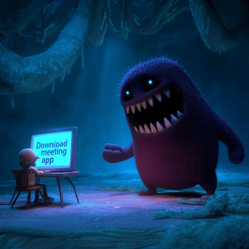 In a dark, cavernous setting with eerie blue lighting and mossy textures, a small person sits at a desk, looking at a glowing monitor that reads "Download meeting app." Looming over them is a large, furry purple monster with glowing blue eyes and sharp, jagged teeth, symbolizing a hidden threat. The image visually represents the risk of malware or "meeting trap" scams, where users are tricked into downloading malicious software under the guise of a legitimate tool.