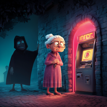 A confused elderly woman in a pink dress and glasses stands in front of a glowing crypto ATM, looking worriedly at her phone while a cloaked, suspicious figure with a toothy grin peeks out from a dark archway behind her.