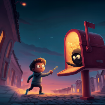 A boy with curly hair, holding a golden key, cautiously approaches a large red mailbox from which a shadowy, masked figure with big eyes gestures towards him.