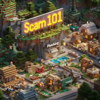 The image depicts a miniature, blocky village, reminiscent of the Minecraft style, where a large, glowing "Scam 101" billboard sits atop a stone structure with an entrance labeled "Phishing," all overlooking a bustling town square.