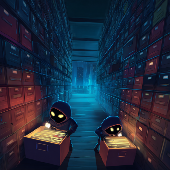 Two small, hooded, shadowy figures with glowing yellow eyes are seen rummaging through open file drawers in a dark, sprawling archive room, with a city skyline visible in the distance.