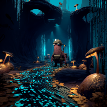 A small, red, textured creature wearing a mining helmet and vest stands on a glowing blue and gold path within a dark, cavernous, mushroom-filled underground environment.