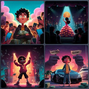 The image is a four-panel mosaic. The top-left panel shows a young man smiling with folded arms, surrounded by money and people taking his picture with their phones. The top-right panel shows a woman in a dress made of gold coins, holding a large Bitcoin up on a stage. The bottom-left panel shows a young boy in sunglasses and a hoodie standing on a stage with money falling all around him. The bottom-right panel shows the same young man from the first panel standing confidently next to a luxury car at a marina, with giant hands in the background holding signs that say "Crypto King" and "Victims."