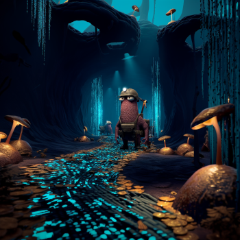 A small, red, textured creature wearing a mining helmet and vest stands on a glowing blue and gold path within a dark, cavernous, mushroom-filled underground environment.