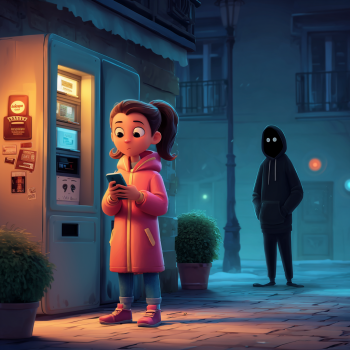 A young girl in a pink coat stands in front of a smart locker, looking at her phone, while a shadowy figure with blank black eyes looms behind her in the dark street.
