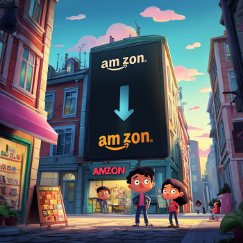 A boy and a girl stand on a city street looking up at a large billboard with the Amazon logo and a big arrow pointing down to a storefront that is also labeled "Amazon," while a small, shadowy figure peeks out of a building with an "Amzon" sign.