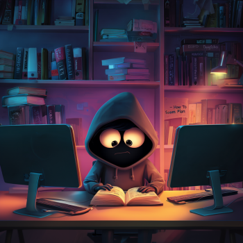 A hooded, cartoon-like figure with large, wide eyes sits at a desk between two computer monitors, studying a book titled "How To Scam Plan" in a dimly lit room with bookshelves.