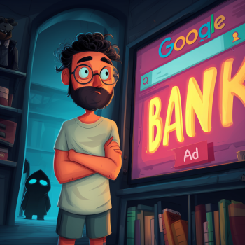 A concerned, bespectacled man with a beard stands with his arms crossed, looking at a large screen displaying a glowing Google search page with an "Ad" for a bank, while a small, shadowy hooded figure with blue eyes lurks in the background.