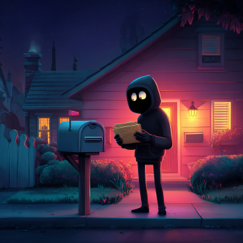 A cloaked figure with large, glowing eyes stands outside a suburban house at night, holding a stack of mail that they have just retrieved from a mailbox in search for chequebook.
