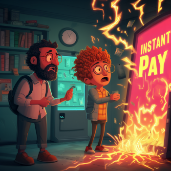 Two shocked men stand in a room, staring in horror as a "INSTANT PAY" terminal bursts with fiery, lightning-like energy and pulls in the cash.