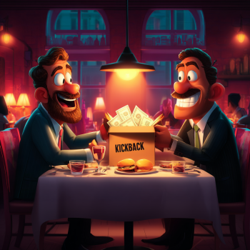 Two men in business suits sit at a restaurant table, smiling conspiratorially as they pass a box labeled "KICKBACK" filled with bundles of cash between them.