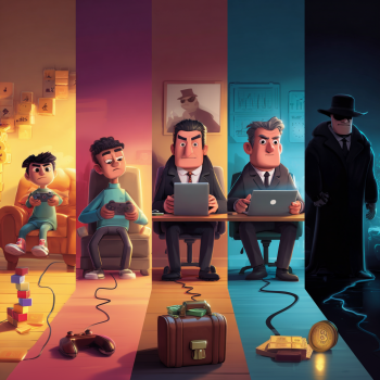 The image is a vertical five-panel comic strip showing a fraudster's evolution. It begins with a young boy playing a video game, then shows him as a teen doing the same, followed by a professional man in a suit at a desk, then a more corporate figure with a laptop, and finally a sinister, well-dressed villain standing over a Bitcoin.