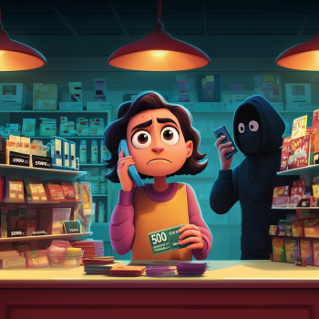 A nervous customer talks on a phone while holding a gift card marked "500," completely unaware that a shadowy, hooded figure is standing directly behind her, secretly monitoring her on their own phone.