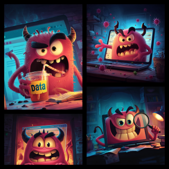 Four-panel mosaic featuring a cartoonishly evil, horned, pink monster, illustrating various activities: the top-left shows it happily drinking from a cup labeled "Data," the top-right shows it aggressively emerging from a laptop screen surrounded by virus symbols, the bottom-left shows a close-up of its face filling a browser window, and the bottom-right shows it peering through a magnifying glass from inside a screen.