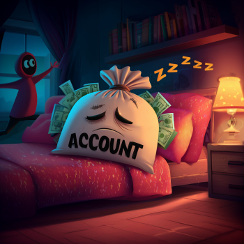 A cartoon money bag labeled "ACCOUNT" is sound asleep in a bed covered with cash and loudly snoring "ZZZ," while a shadowy figure with bright eyes wearing a red mask peeks through the window, reaching in.
