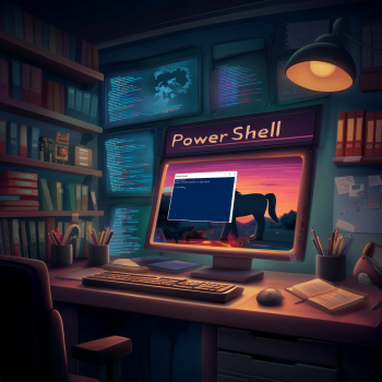 A desktop computer monitor prominently displays the text "PowerShell" on a banner above the screen, which shows a command window overlaid on a scenic sunset background with a horse, all set within a dimly lit, cluttered home office surrounded by books and multiple auxiliary monitors displaying code.