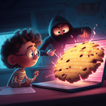 A wide-eyed boy wearing glasses looks startled as a large, glowing cookie covered in binary code erupts from his laptop screen, while a shadowy, hooded figure reaches over his shoulder, pointing at the screen.