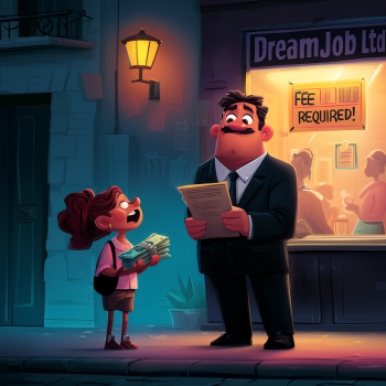 A distressed young woman is seen holding a large stack of cash, offering it to a serious-looking man in a suit who holds a document, standing outside an office window labeled "DreamJob Ltd" with a prominent sign reading "FEE REQUIRED!"
