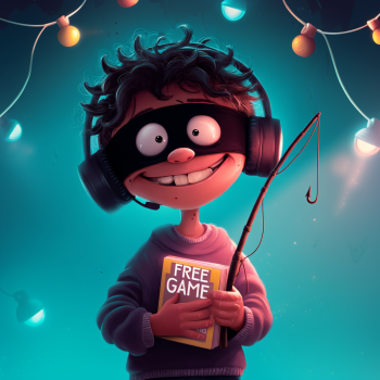 A grinning, cartoonish figure with a black eye mask and headphones holds a book labeled "FREE GAME" and a fishing pole with a hook, with glowing lights and strings in the background.