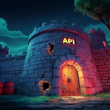 A fortified stone castle wall with a glowing "API" sign above the main wooden gate shows signs of decay, with visible cracks and holes, set against a mysterious night sky with a full moon.