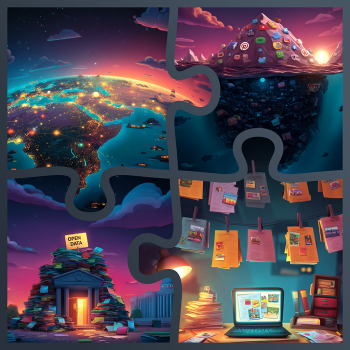 The image is a four-piece puzzle mosaic illustrating the exploitation of public data: the top-left shows a global view of city lights; the top-right features a mountain of social media icons looming over a pile of data; the bottom-left shows a building entrance labeled "OPEN DATA" buried under stacks of documents; and the bottom-right shows a desk with a laptop and a string of hanging documents and photos, all connected by the puzzle pieces.