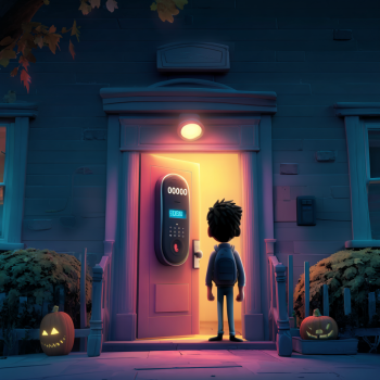 A fraudster with a backpack stands in front of an open doorway at night, facing a futuristic black smart lock displaying the default "00000" code he typed in, with two carved Halloween pumpkins glowing dimly on the front steps.