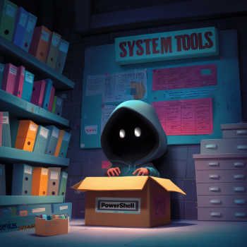 A hooded, cartoonish figure with large, glowing white eyes is emerging from a cardboard box labeled "PowerShell" in a dark storage room, with shelves of binders and a notice board titled "SYSTEM TOOLS" behind them.
