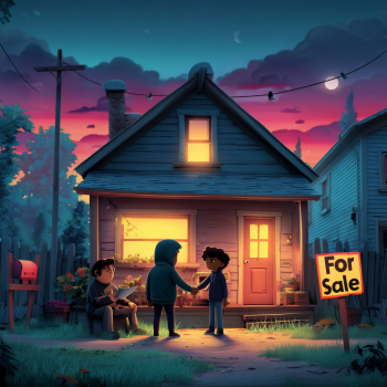 A person in a dark hoodie shakes hands with another person in front of a suburban house marked with a "For Sale" sign, while the actual owner reads newspaper under the glow of the sunset.