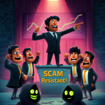 A man in a suit stands confidently on a podium labeled "SCAM Resistant!" and points toward a glowing line chart, while a group of cheering men in suits gathers behind him and two hooded, grinning figures with glowing green eyes watch from the foreground.