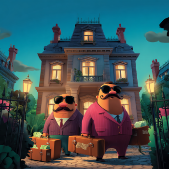 Two wealthy-looking cartoon men with mustaches and sunglasses stand in front of a grand mansion, each carrying large suitcases overflowing with stacks of cash.