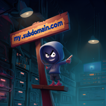 A small, mischievous hacker character in a blue hoodie and mask stands on a wooden signpost. The sign prominently displays the text "my.subdomain.com" in bold blue letters. The character is pointing toward a dark, tech-heavy background filled with server racks, glowing indicators, and computer monitors, suggesting a data center or server room. The imagery illustrates how fraudsters use legitimate-looking subdomains to bypass security filters and gain user trust for phishing or hosting malicious content.