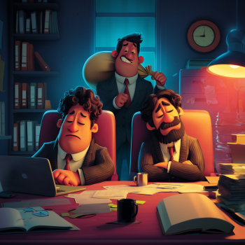 Two auditors in pinstriped suits are shown fast asleep at their desks, surrounded by overflowing stacks of paperwork and open laptops in a dimly lit office. While they doze, a third man in a suit - carrying a large, heavy sack over his shoulder - sneaks past them toward an open door, with the window in the background.
