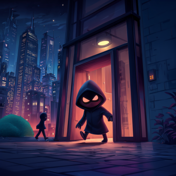 A small, shadowy figure in a dark hoodie with glowing white eyes steps out from a brightly lit office doorway into a dark city street. The glowing interior of the building contrasts sharply with the deep blue and purple tones of the nocturnal cityscape in the background. The image serves as a metaphor for how unauthorized or unmanaged software and hardware—Shadow IT—can create "open doors" or vulnerabilities that allow threats to exit the protected corporate environment or enter it undetected.