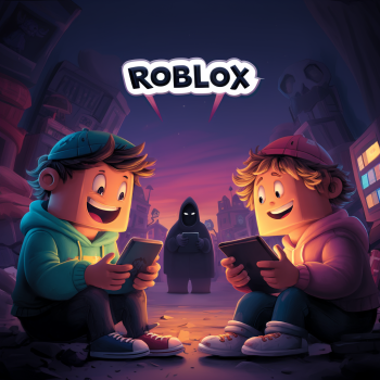 Two smiling, blocky Roblox-style characters sit side-by-side playing on their handheld tablets under a glowing "ROBLOX" sign, while a sinister, hooded figure with glowing white eyes watches them from the shadows in the background.