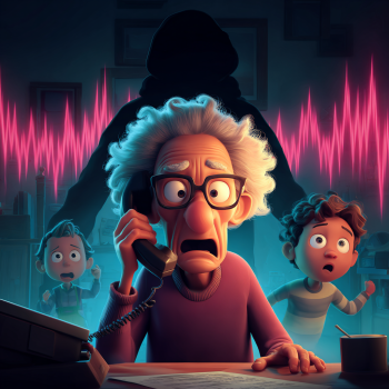An elderly man with glasses looks intensely shocked and panicked as he listens to a corded telephone receiver. Behind him, two young boys look on with frightened, worried expressions. Looming large in the background is a dark, faceless hooded silhouette, representing the hidden scammer, overlaid with a prominent, jagged pink audio waveform that spans the scene. The image visually illustrates the terror of voice cloning technology, where fraudsters mimic the voices of loved ones to fabricate emergencies and extort money.
