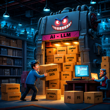 Set inside a busy, multi-level warehouse and factory floor, an employee in a blue suit looks panicked as he carries a large cardboard box labeled "CUSTOMER DATA" toward a massive, menacing machine. The machine features an aggressive, wide-toothed grin with glowing red eyes and a pink banner reading "AI - LLM." Inside the machine's brightly illuminated hopper are numerous other boxes labeled "PII," "CONFIDENTIAL," "COMPANY IP," "INTERNAL ONLY," and "INTERNAL IP." To the right, a smiling technician with a headset monitors the process from a computer desk, while industrial shelving filled with corporate boxes lines the background under dim overhead factory lamps. The image serves as a visual metaphor for the accidental exposure of sensitive corporate data, intellectual property, and personally identifiable information through the unauthorized use of consumer Large Language Models and artificial intelligence tools.