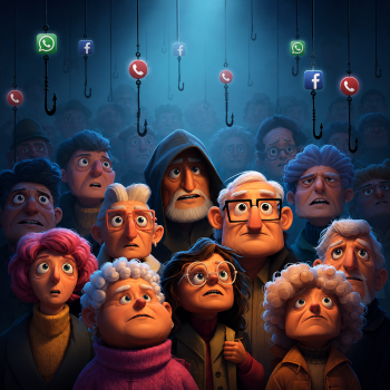 A large crowd of elderly men and women with diverse features, many wearing glasses and winter clothing, look upward with expressions of worry, confusion, and anxiety. Hanging down from above, directly over and around the crowd, are numerous sharp, black metal fishhooks on thin lines, illuminated by a dramatic, cool blue spotlight from the top center. The background fades into misty, shadowed silhouettes of more people under the dark, atmospheric lighting. The image serves as a powerful visual metaphor for elder fraud and phishing campaigns, illustrating how cybercriminals and scammers systematically target older generations with malicious traps.