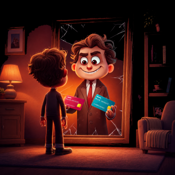 In a dimly lit living room with warm lamp lighting, a young man stands with his back to the viewer, looking into a large, gold-framed mirror on the floor. Instead of his true reflection, the mirror reveals a sinister doppelgänger in a formal suit and tie, wearing a wide, malicious grin. The imposter in the mirror is holding up two credit cards - one pink and one blue - while the glass around his reflection shows sharp, dramatic cracks. The scene effectively serves as a visual metaphor for identity theft, synthetic identity fraud, and account takeover, where a criminal steals a victim's persona to exploit their financial accounts and credit.