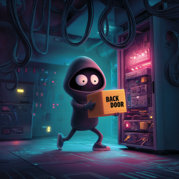 A small, shadowy figure in a dark hoodie with glowing white eyes steps out from a brightly lit office doorway into a dark city street. The glowing interior of the building contrasts sharply with the deep blue and purple tones of the nocturnal cityscape in the background. The image serves as a metaphor for how unauthorized or unmanaged software and hardware—Shadow IT—can create "open doors" or vulnerabilities that allow threats to exit the protected corporate environment or enter it undetected.