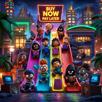 Set against a vibrant, nocturnal city skyline with glowing buildings and palm trees, several cartoon characters are sliding down a large, multi-lane playground slide. At the very top of the structure, a bright neon sign glows with the text "BUY NOW PAY LATER." While some children slide down holding shopping bags with happy or surprised expressions, multiple sinister, hooded hacker figures with malicious grins are interspersed among them, clutching stolen packages and smartphones. On the ground level at both sides of the slide, open laptops on wooden crates display digital account interfaces. The image serves as a visual metaphor for Buy Now, Pay Later (BNPL) fraud, illustrating how scammers exploit friction-free sign-up processes for identity theft, account takeover, and new account fraud.